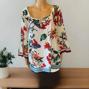 Suzanne Betro Women's Size 1X Blouse Top Floral Print Bell Sleeve Cottage Core